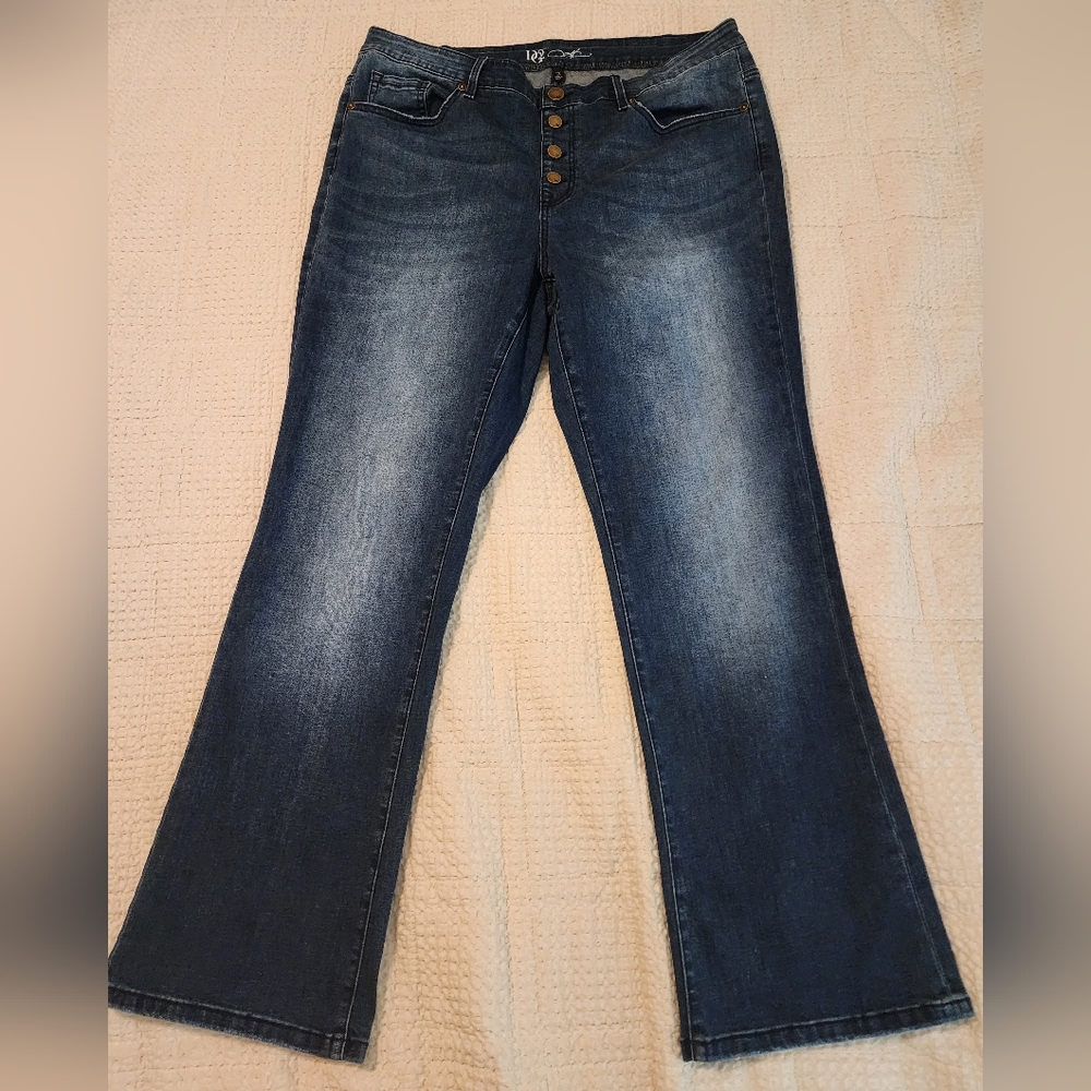 DG2 Women’s Dark Blue Bootcut Jeans Classic Denim Pull-on 1X Faux Button Fly